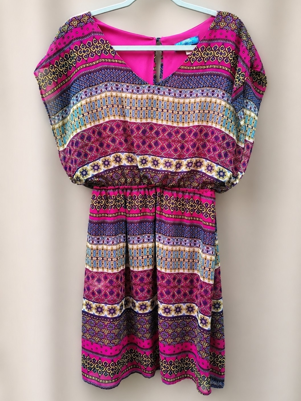 buttons Boho Dress Geometric V-neck Medium Made USA Pink Casual Slit Open Back